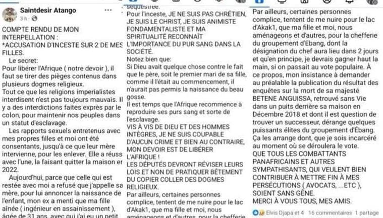 Le chanteur Saint Désir Atango, autrefois adulé pour sa musique a déclenché l’indignation générale après avoir publié ce jeudi 29 Mai 2025 un texte glaçant sur sa page Facebook.