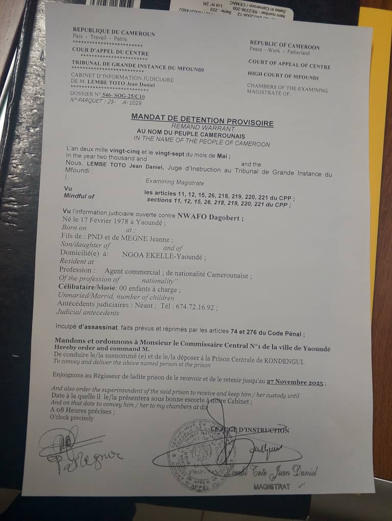 Ce mardi 27 mai 2025, sieur Dagobert Nwafo a été placé sous mandat de dépôt à la prison centrale de Yaoundé-Kondengui