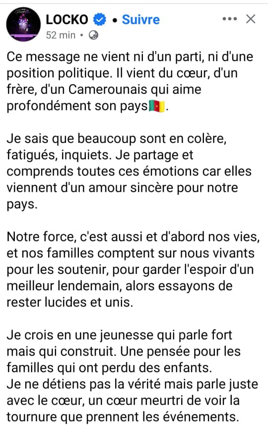 Alors que le Cameroun traverse une période post-électorale tendue, la voix apaisante de Locko s’est élevée ce mercredi 29 octobre 2025 sur