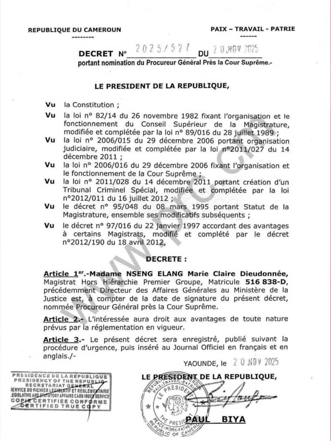 Le 20 novembre 2025, le président Paul Biya a nommé, par décret, Marie Claire Dieudonnée Nseng-Elang Procureure générale auprès de