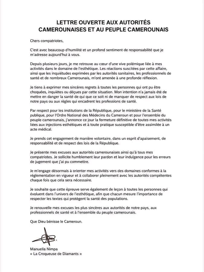 « Croqueuse de Diamants », est apparue en larmes pour implorer le pardon du peuple camerounais et des autorités après la polémique liée à la promotion du body lifter. Cette prise de parole intervient après une lettre d'excuses . 